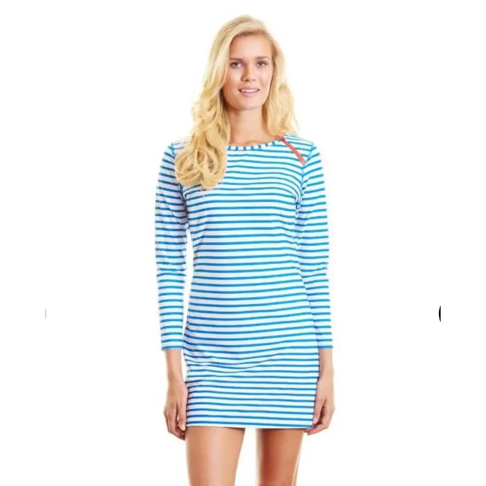 Cabana Life Zipper Swim Dress Cover Up Stripes UPF 50+ Blue White Women's Large
